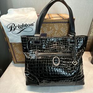 Brighton Jetson Purse Tote Embossed Croc Black Patent Leather Incl Box, Dust Bag